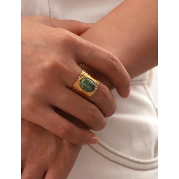 18K Gold Plated Stainless Steel Turquoise Geometric Vintage Band Ring - Picture 9 of 9